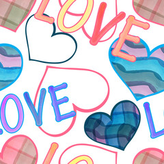 seamless background of striped watercolor hearts and words of love on a white background