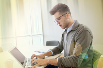 Fototapeta premium Businessman using laptop in contemporary working room