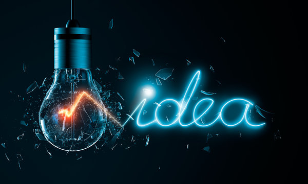 Exploding light bulb with idea word filament 