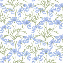 Floral seamless pattern in retro style, cute cartoon light blue flowers white  background