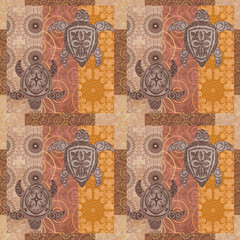 Vintage patchwork with a picture of a turtle decorative pattern grunge background