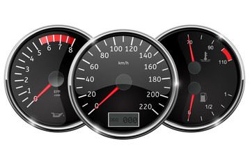 Car dashboard. Still position. Speedometer, tachometer, fuel gauge