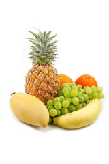 A Pineapple, A Banana, A Mango, Oranges and Grapes Isolated, white background
