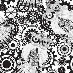 Black gears, steampunk seamless pattern. Owl with gear.