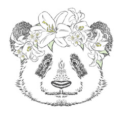 Panda in a flower wreath. Vector illustration.
