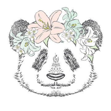 Panda in a flower wreath. Vector illustration.