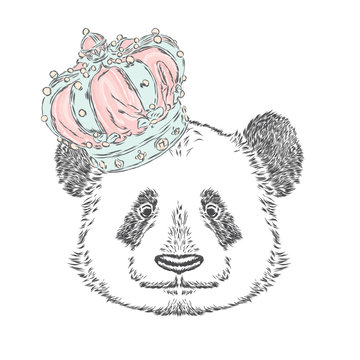 Funny panda in the crown. Vector illustration.
