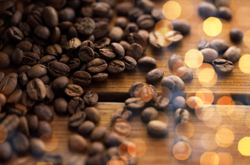 close up coffee beans on wooden table