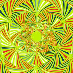 a kaleidoscope view of stylized palm foliage in green, red and dark blue