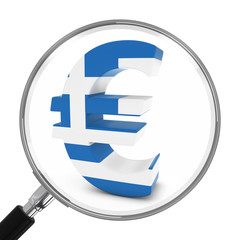 Greece Finance Concept - Greek Euro Symbol Under Magnifying Glass - 3D Illustration