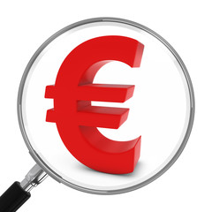 Red Euro Symbol Under Magnifying Glass - 3D Illustration