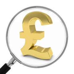 Gold Pound Symbol Under Magnifying Glass - 3D Illustration