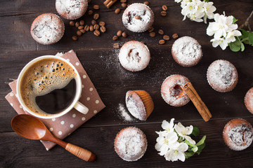 coffee cup, tasty seedcake and flower