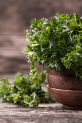 Fototapeta premium tied fresh parsley on wooden surface, healthy food