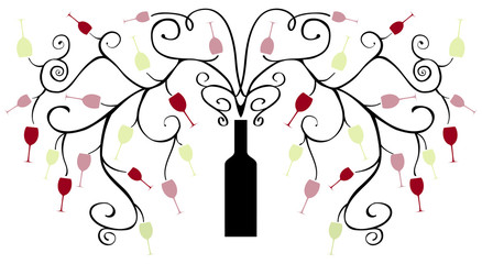 abstract wine bottle tree and branches with wine glasses