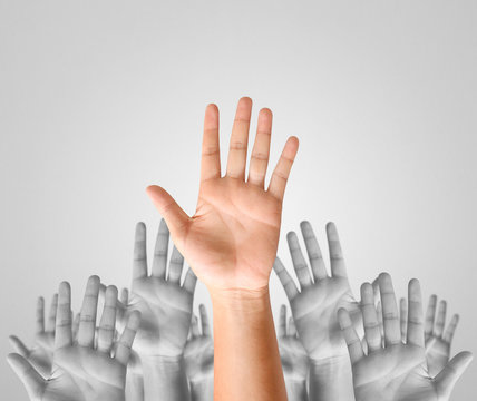 Closeup men and women raising hands