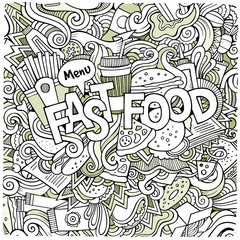 Fototapeta na wymiar Fast food hand lettering and doodles elements background