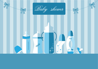 Set of baby milk bottles and pacifier,Design for baby shower cards,Vector illustrations