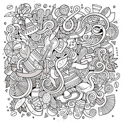 Cartoon hand-drawn doodles Latin American illustration. Line art