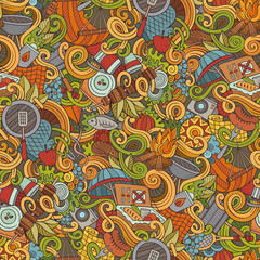 Naklejka premium Cartoon hand-drawn picnic doodles seamless pattern