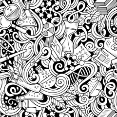 Cartoon hand-drawn science doodles seamless pattern