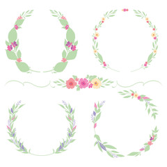 set flower frames and border in pastel color for wedding, leaves and flowers