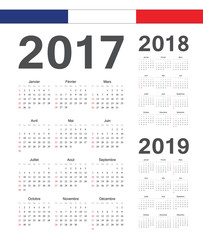 Set of French 2017, 2018, 2019 year vector calendars