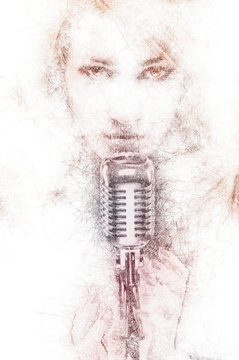 Pencil drawing of a beautiful woman with a microphone