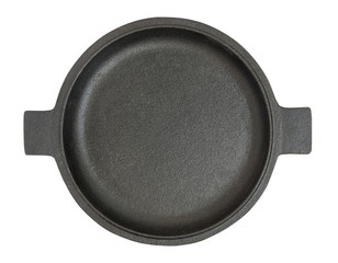 Black Iron frying pan isolated on white background. Top view.