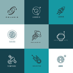 Universe and astronomy thin line vector icons and logos set. Shuttle and astronomy label, technology astronomy logo, sputnik astronomy logotype illustration