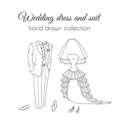 Wedding dress and suit illustration. Sketchy style. Hand drawn bride and groom ceremony wear design