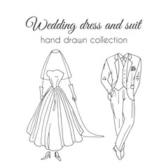 Wedding dress and suit illustration. Sketchy style. Hand drawn bride and groom ceremony wear design
