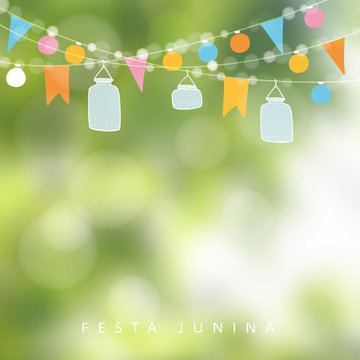 Brazilian june party,  festa junina. String of lights, jar lanterns. Birthday party decoration. Blurred vector background.
