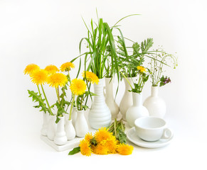 dandelions, white vase