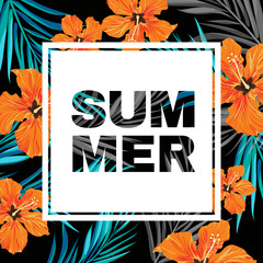 Summer tropical hawaiian background with palm tree leaves and exotic flowers