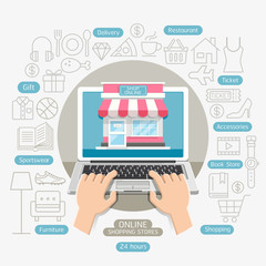 Shopping online business conceptual flat style. Vector illustrat
