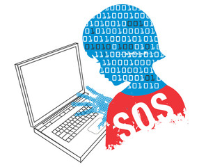 Bored kid with a laptop.
Child stylized head silhouette with binary codes and laptop. Vector available.
