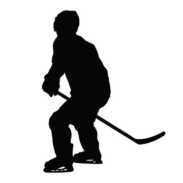 Ice hockey player vector silhouette. Hockey player skating witho