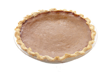 pumpkin pie served in bowl over white background.