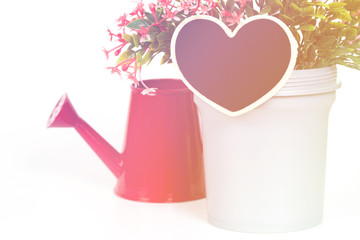 Flowers in the pot with blank wooden heart