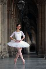 Graceful ballerina in white tutu dancing in a palace © ginkgofoto