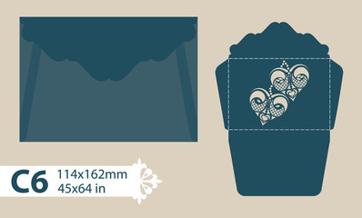 Layout congratulatory envelope with carved openwork pattern. Template is suitable for wedding greeting cards, invitations, etc. Picture suitable for laser cutting, plotter cutting or printing. Vector