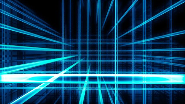 Endless structure fly through / 3D animation of camera weaving through glowing fibers in seamless loop