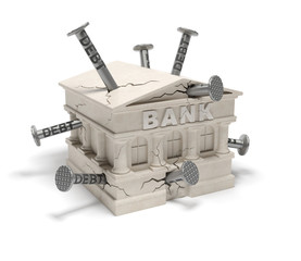 Bank debts (creative concept): banking house (building) in the cracks (splits) with hammered nails as symbol of indebtness of bank, accumulating arrears, bank smash, financial crisis, market crash