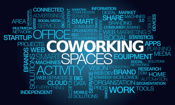 Coworking spaces office words tag cloud blue text shared co-working environment startup feelance co-worker