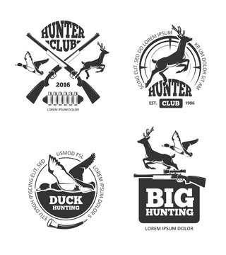 Vector retro vintage hunting labels, emblems, logos, badges. Hunting logotype, duck and deer, hunting hobby, hunting sport illustration