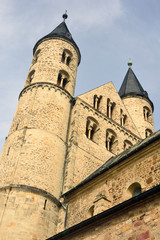Fototapeta na wymiar Towers of Klosterkirche St. Marien in Magdeburg, Germany. 