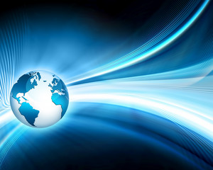 World map on a technological background, glowing lines symbols of the Internet, radio, television, mobile and satellite communications.