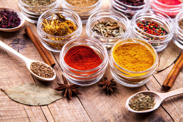 Set of Spices on wood background. Food