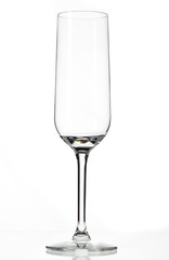 empty champagne flute on white background.